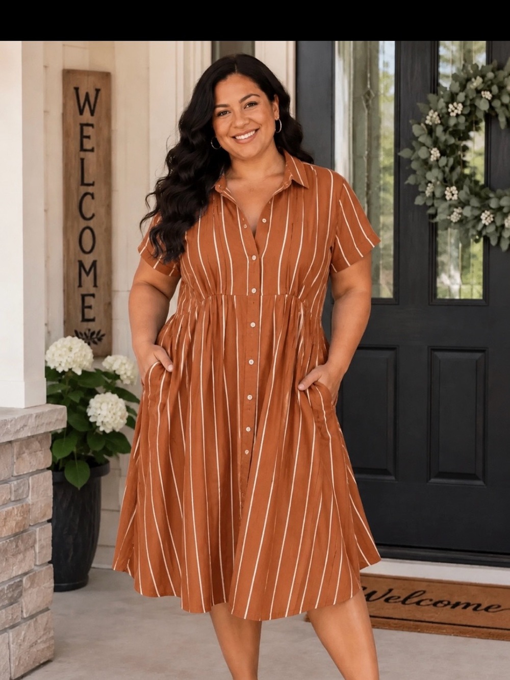 Terra & Sky Rust & White Striped Button-Front Midi Dress